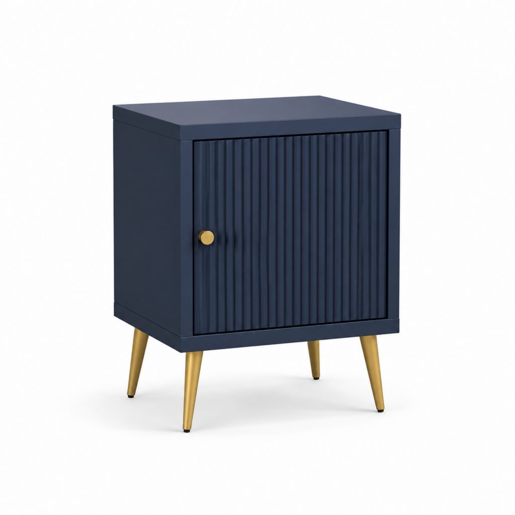 Table de chevet bleu marine en MDF avec porte rainurée et pieds dorés 45 x 35 x 60 cm