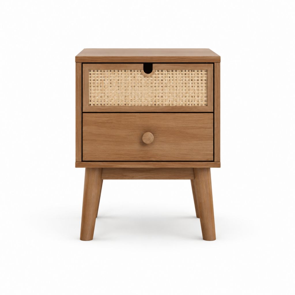 Table de chevet rectangulaire marron en bois massif et rotin naturel avec 2 tiroirs 45 x 35 x 60 cm