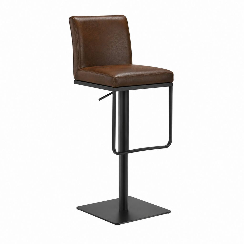 Tabouret de bar réglable marron en similicuir PU avec base carrée en acier noir 45 x 50 x 98-119 cm