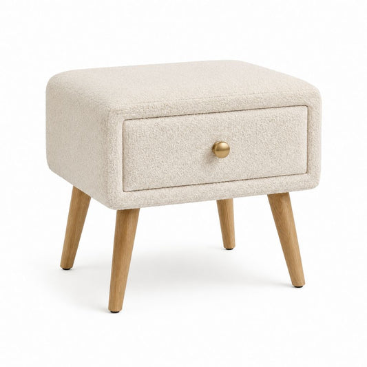 Table de chevet 1 tiroir écru en polyester bouclette et bois massif 45 x 35 x 55 cm