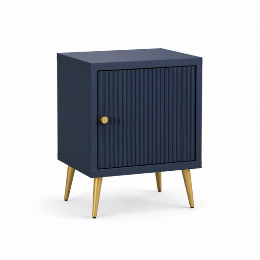 Table de chevet bleu marine en MDF avec porte rainurée et pieds dorés 45 x 35 x 60 cm