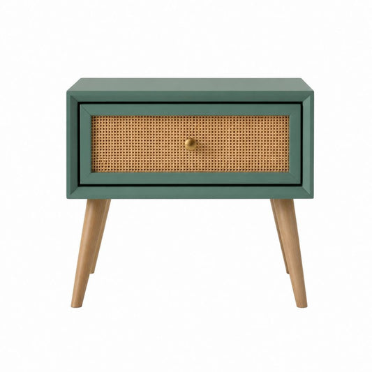 Table de chevet verte en MDF et rotin naturel avec tiroir 50 x 35 x 55 cm