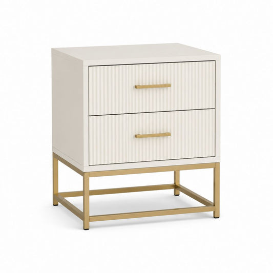 Table de chevet 2 tiroirs blanche en MDF avec piètement acier doré 50 x 40 x 60 cm