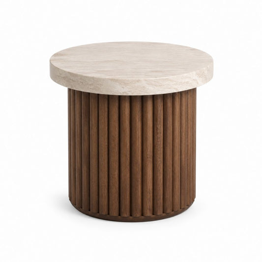 Table d'appoint ronde beige et marron en marbre et bois massif Ø 45 x H 50 cm
