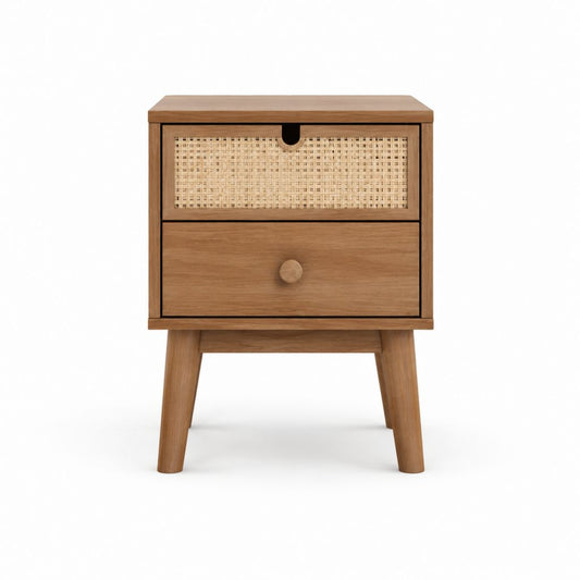 Table de chevet rectangulaire marron en bois massif et rotin naturel avec 2 tiroirs 45 x 35 x 60 cm