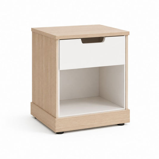 Table de chevet rectangulaire blanc et chêne clair en panneaux de particules mélaminés 40 x 35 x 55 cm avec tiroir et niche