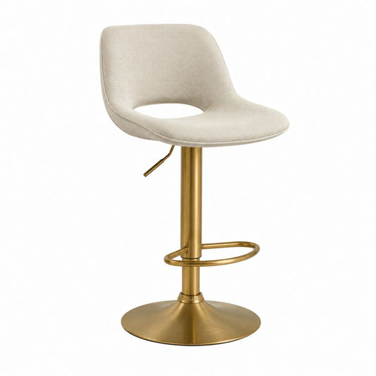 Tabouret de bar réglable pivotant beige en polyester avec piètement acier doré 51 x 52 x 88-109 cm