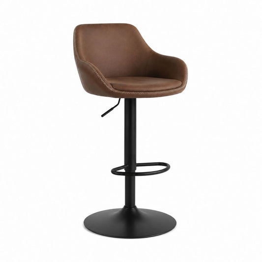 Tabouret de bar réglable pivotant marron en PU avec base ronde noire 52 x 54 x 91-112 cm